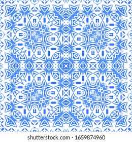 Antique azulejo tiles patchwork. Bathroom design. Vector seamless pattern poster. Blue spain and portuguese decor for bags, smartphone cases, T-shirts, linens or scrapbooking.