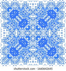Antique azulejo tiles patchwork. Bathroom design. Vector seamless pattern poster. Blue spain and portuguese decor for bags, smartphone cases, T-shirts, linens or scrapbooking.