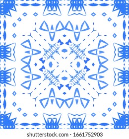 Antique azulejo tiles patchwork. Bathroom design. Vector seamless pattern poster. Blue spain and portuguese decor for bags, smartphone cases, T-shirts, linens or scrapbooking.
