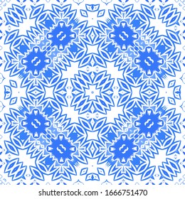 Antique azulejo tiles patchwork. Bathroom design. Vector seamless pattern poster. Blue spain and portuguese decor for bags, smartphone cases, T-shirts, linens or scrapbooking.