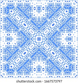 Antique azulejo tiles patchwork. Bathroom design. Vector seamless pattern poster. Blue spain and portuguese decor for bags, smartphone cases, T-shirts, linens or scrapbooking.