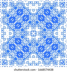 Fliesen-Fliesen-Fliesen aus antiker Azulejo-Zeit. Das Badezimmer ist sehr schön. Vektorillustration nahtloses Musterplakat. Blauer Spain und portugiesisches Dekor für Taschen, Smartphone-Kisten, T-Shirts, Bettwäsche oder Scrapbooking.