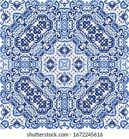 Antique azulejo tiles patchwork. Bathroom design. Vector seamless pattern theme. Blue spain and portuguese decor for bags, smartphone cases, T-shirts, linens or scrapbooking.