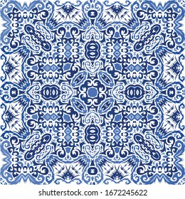 Antique azulejo tiles patchwork. Bathroom design. Vector seamless pattern template. Blue spain and portuguese decor for bags, smartphone cases, T-shirts, linens or scrapbooking.