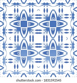 Antique azulejo tiles patchwork. Bathroom design. Vector seamless pattern poster. Blue spain and portuguese decor for bags, smartphone cases, T-shirts, linens or scrapbooking.