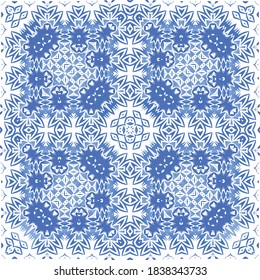 Antique azulejo tiles patchwork. Bathroom design. Vector seamless pattern poster. Blue spain and portuguese decor for bags, smartphone cases, T-shirts, linens or scrapbooking.