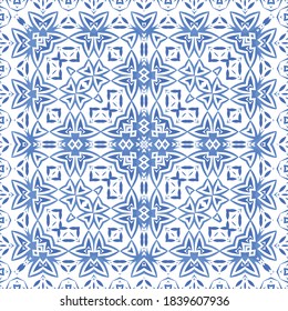 Antique azulejo tiles patchwork. Bathroom design. Vector seamless pattern poster. Blue spain and portuguese decor for bags, smartphone cases, T-shirts, linens or scrapbooking.