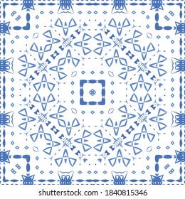 Antique azulejo tiles patchwork. Bathroom design. Vector seamless pattern poster. Blue spain and portuguese decor for bags, smartphone cases, T-shirts, linens or scrapbooking.