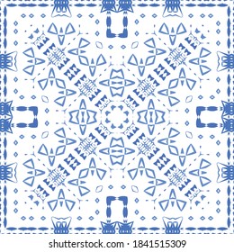 Antique azulejo tiles patchwork. Bathroom design. Vector seamless pattern poster. Blue spain and portuguese decor for bags, smartphone cases, T-shirts, linens or scrapbooking.