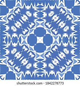 Antique azulejo tiles patchwork. Bathroom design. Vector seamless pattern poster. Blue spain and portuguese decor for bags, smartphone cases, T-shirts, linens or scrapbooking.
