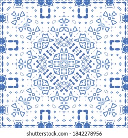 Antique azulejo tiles patchwork. Bathroom design. Vector seamless pattern poster. Blue spain and portuguese decor for bags, smartphone cases, T-shirts, linens or scrapbooking.