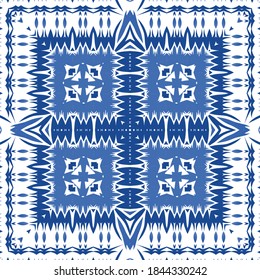 Antique azulejo tiles patchwork. Bathroom design. Vector seamless pattern poster. Blue spain and portuguese decor for bags, smartphone cases, T-shirts, linens or scrapbooking.