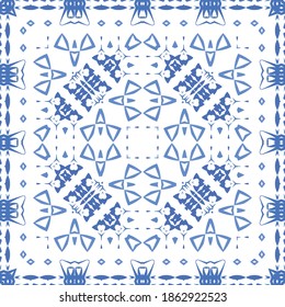 Antique azulejo tiles patchwork. Bathroom design. Vector seamless pattern poster. Blue spain and portuguese decor for bags, smartphone cases, T-shirts, linens or scrapbooking.
