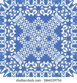Antique azulejo tiles patchwork. Bathroom design. Vector seamless pattern poster. Blue spain and portuguese decor for bags, smartphone cases, T-shirts, linens or scrapbooking.