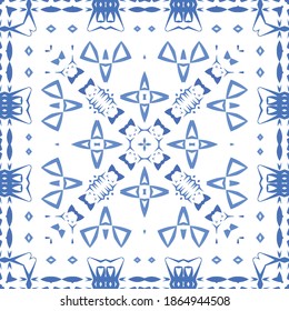 Antique azulejo tiles patchwork. Bathroom design. Vector seamless pattern poster. Blue spain and portuguese decor for bags, smartphone cases, T-shirts, linens or scrapbooking.
