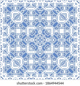 Antique azulejo tiles patchwork. Bathroom design. Vector seamless pattern poster. Blue spain and portuguese decor for bags, smartphone cases, T-shirts, linens or scrapbooking.