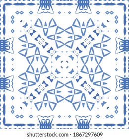Antique azulejo tiles patchwork. Bathroom design. Vector seamless pattern poster. Blue spain and portuguese decor for bags, smartphone cases, T-shirts, linens or scrapbooking.
