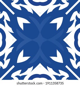 Antique azulejo tiles patchwork. Bathroom design. Vector seamless pattern template. Blue spain and portuguese decor for bags, smartphone cases, T-shirts, linens or scrapbooking.