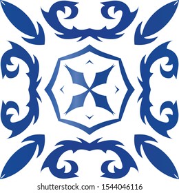 Antique azulejo tiles patchwork. Colored design. Vector seamless pattern trellis. Blue spain and portuguese decor for bags, smartphone cases, T-shirts, linens or scrapbooking.