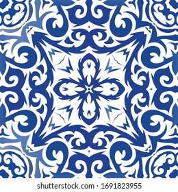 Antique azulejo tiles patchwork. Colored design. Vector seamless pattern flyer. Blue spain and portuguese decor for bags, smartphone cases, T-shirts, linens or scrapbooking.