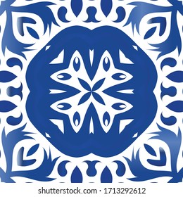 Antique azulejo tiles patchwork. Colored design. Vector seamless pattern concept. Blue spain and portuguese decor for bags, smartphone cases, T-shirts, linens or scrapbooking.