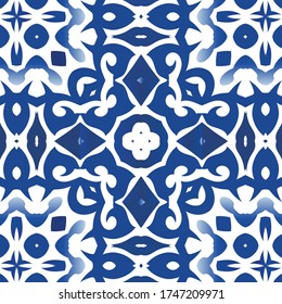 Antique azulejo tiles patchwork. Colored design. Vector seamless pattern poster. Blue spain and portuguese decor for bags, smartphone cases, T-shirts, linens or scrapbooking.