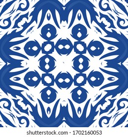 Antique azulejo tiles patchwork. Creative design. Vector seamless pattern texture. Blue spain and portuguese decor for bags, smartphone cases, T-shirts, linens or scrapbooking.