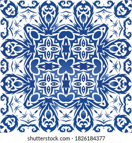 Fliesen-Fliesen-Fliesen aus antiker Azulejo-Zeit. Kreatives Design. Vektor nahtlose Muster arabesque. Blauer Spain und portugiesisches Dekor für Taschen, Smartphone-Kisten, T-Shirts, Bettwäsche oder Scrapbooking.
