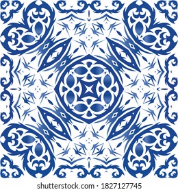 Antique azulejo tiles patchwork. Creative design. Vector seamless pattern arabesque. Blue spain and portuguese decor for bags, smartphone cases, T-shirts, linens or scrapbooking.