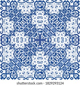 Antique azulejo tiles patchwork. Creative design. Vector seamless pattern arabesque. Blue spain and portuguese decor for bags, smartphone cases, T-shirts, linens or scrapbooking.