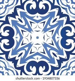 Antique azulejo tiles patchwork. Creative design. Vector seamless pattern trellis. Blue spain and portuguese decor for bags, smartphone cases, T-shirts, linens or scrapbooking.
