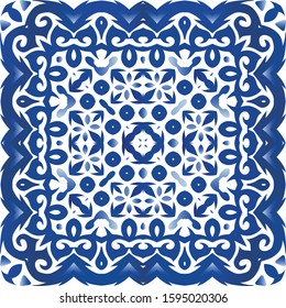 Antique azulejo tiles patchwork. Fashionable design. Vector seamless pattern texture. Blue spain and portuguese decor for bags, smartphone cases, T-shirts, linens or scrapbooking.