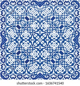 Antique azulejo tiles patchwork. Fashionable design. Vector seamless pattern collage. Blue spain and portuguese decor for bags, smartphone cases, T-shirts, linens or scrapbooking.