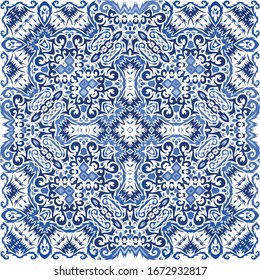 Antique azulejo tiles patchwork. Fashionable design. Vector seamless pattern theme. Blue spain and portuguese decor for bags, smartphone cases, T-shirts, linens or scrapbooking.
