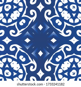 Antique azulejo tiles patchwork. Fashionable design. Vector seamless pattern illustration. Blue spain and portuguese decor for bags, smartphone cases, T-shirts, linens or scrapbooking.