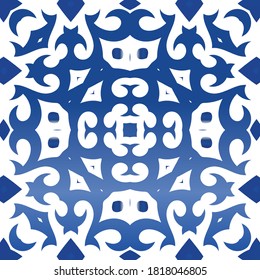 Antique azulejo tiles patchwork. Fashionable design. Vector seamless pattern illustration. Blue spain and portuguese decor for bags, smartphone cases, T-shirts, linens or scrapbooking.