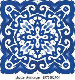 Antique azulejo tiles patchwork. Geometric design. Vector seamless pattern concept. Blue spain and portuguese decor for bags, smartphone cases, T-shirts, linens or scrapbooking.