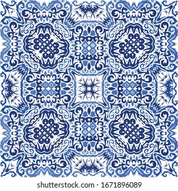 Antique azulejo tiles patchwork. Geometric design. Vector seamless pattern frame. Blue spain and portuguese decor for bags, smartphone cases, T-shirts, linens or scrapbooking.