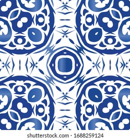 Antique azulejo tiles patchwork. Geometric design. Vector seamless pattern concept. Blue spain and portuguese decor for bags, smartphone cases, T-shirts, linens or scrapbooking.