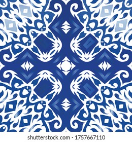 Antique azulejo tiles patchwork. Geometric design. Vector seamless pattern theme. Blue spain and portuguese decor for bags, smartphone cases, T-shirts, linens or scrapbooking.