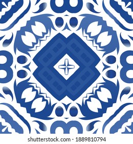 Antique azulejo tiles patchwork. Geometric design. Vector seamless pattern frame. Blue spain and portuguese decor for bags, smartphone cases, T-shirts, linens or scrapbooking.