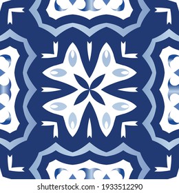 Antique azulejo tiles patchwork. Geometric design. Vector seamless pattern template. Blue spain and portuguese decor for bags, smartphone cases, T-shirts, linens or scrapbooking.