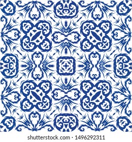 Antique azulejo tiles patchwork. Graphic design. Vector seamless pattern poster. Blue spain and portuguese decor for bags, smartphone cases, T-shirts, linens or scrapbooking.