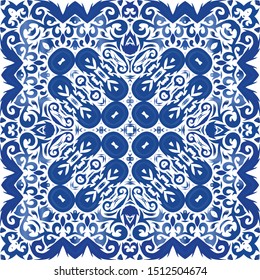 Antique azulejo tiles patchwork. Graphic design. Vector seamless pattern concept. Blue spain and portuguese decor for bags, smartphone cases, T-shirts, linens or scrapbooking.