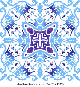 Antique azulejo tiles patchwork. Graphic design. Vector seamless pattern template. Blue spain and portuguese decor for bags, smartphone cases, T-shirts, linens or scrapbooking.