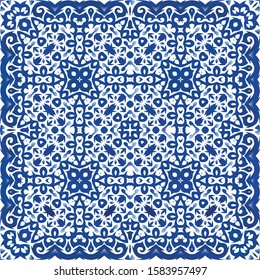 Antique azulejo tiles patchwork. Graphic design. Vector seamless pattern illustration. Blue spain and portuguese decor for bags, smartphone cases, T-shirts, linens or scrapbooking.