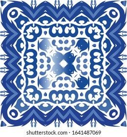 Antique azulejo tiles patchwork. Graphic design. Vector seamless pattern arabesque. Blue spain and portuguese decor for bags, smartphone cases, T-shirts, linens or scrapbooking.