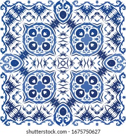 Baldosas de azulejo antiguas. Diseño gráfico. Concepto de patrón sin fisuras del vector. Espalda azul y decoración portuguesa para bolsas, estuches para smartphones, pantalones en T, ropa de cama o rayado.