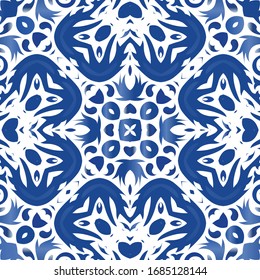 Antique azulejo tiles patchwork. Graphic design. Vector seamless pattern template. Blue spain and portuguese decor for bags, smartphone cases, T-shirts, linens or scrapbooking.