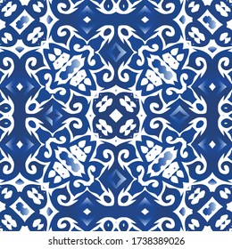 Antique azulejo tiles patchwork. Graphic design. Vector seamless pattern illustration. Blue spain and portuguese decor for bags, smartphone cases, T-shirts, linens or scrapbooking.